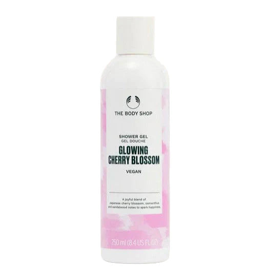Shower gel bottle with pink label on a white background